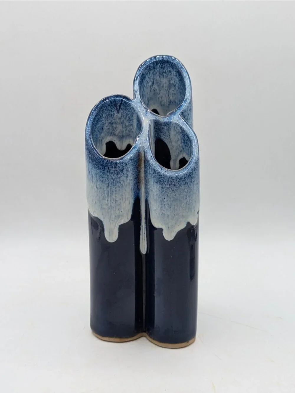 Vintage Art Pottery Triple Vase Blue Drip Glaze Handmade Signed 8.25